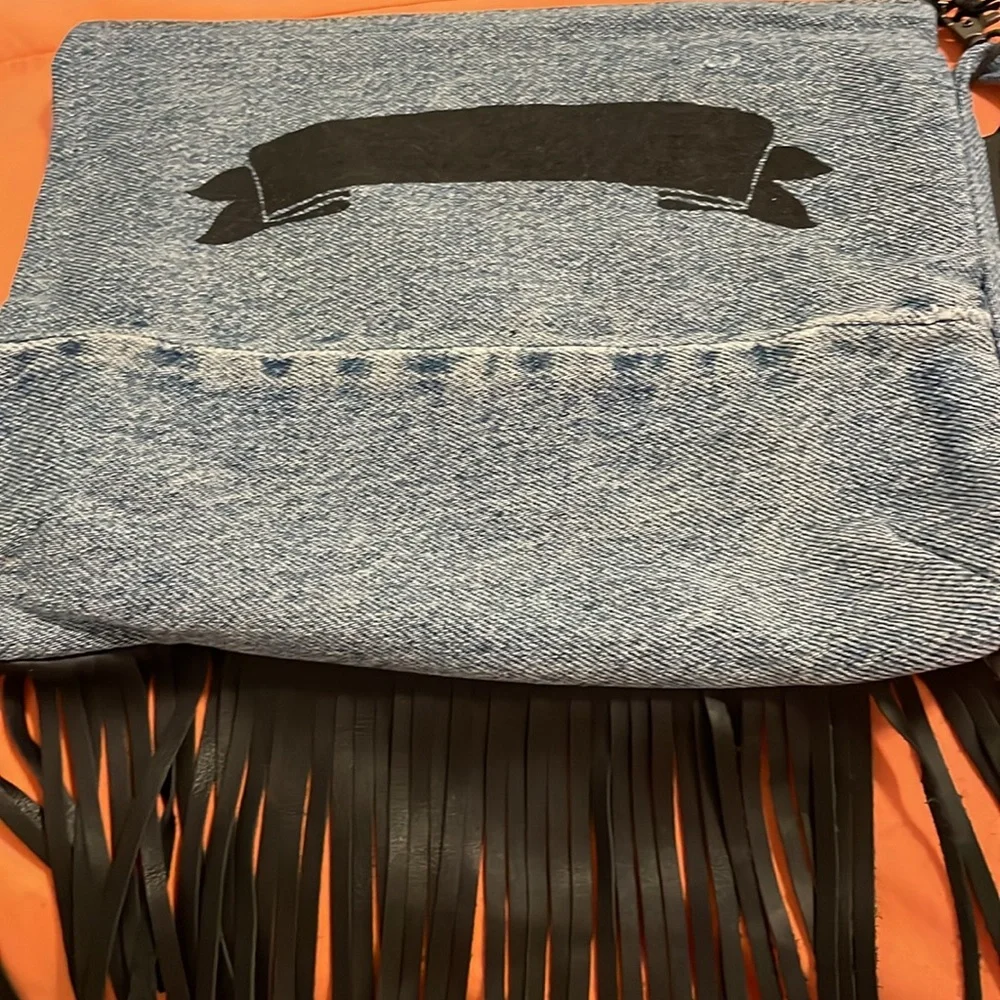ONE TEASPOON WESTERN VINT DENIM CLUTCH WITH FRINGE WRISTLET‎ STRAP
